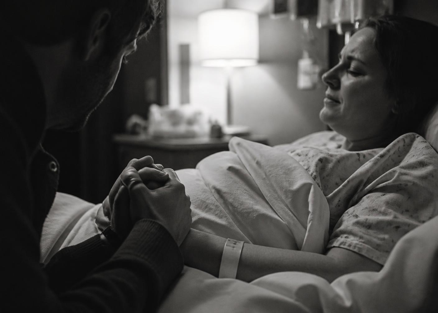 Partner holding a labouring mother's hands in a quiet birth room