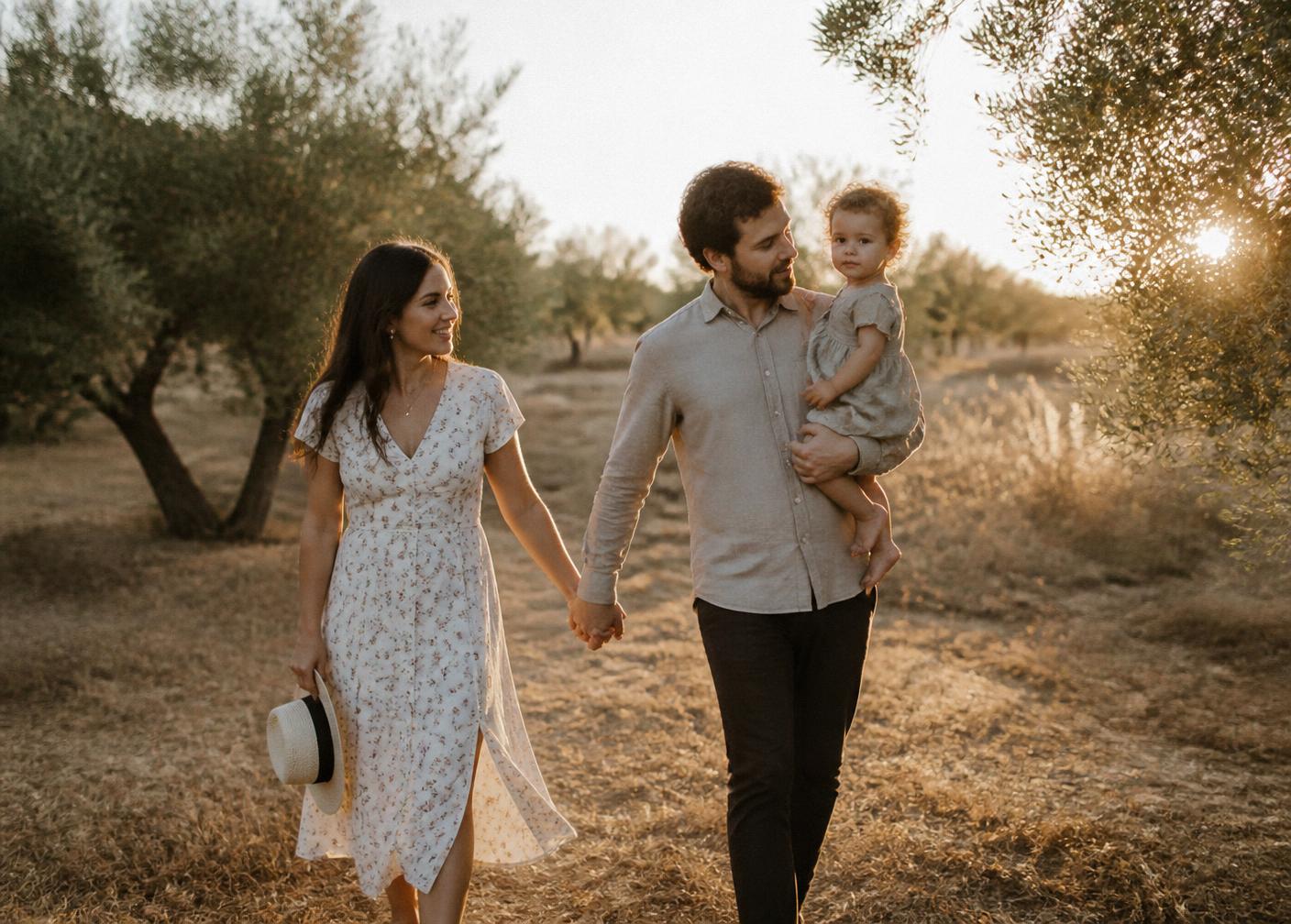 Family walking through an olive grove at golden hour